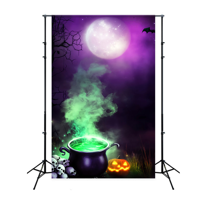 Spukwald Fotohintergrund Hexenkessel Grün Rauch Mond Halloween Fotohintergrundideen LXX59-132