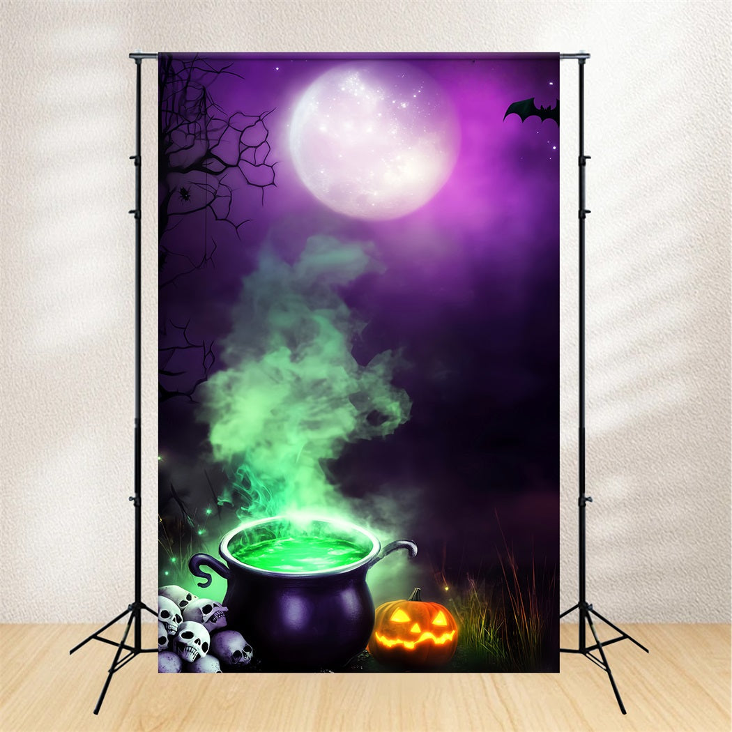 Spukwald Fotohintergrund Hexenkessel Grün Rauch Mond Halloween Fotohintergrundideen LXX59-132