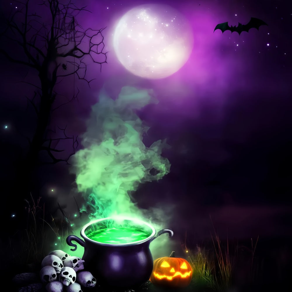 Spukwald Fotohintergrund Hexenkessel Grün Rauch Mond Halloween Fotohintergrundideen LXX59-132