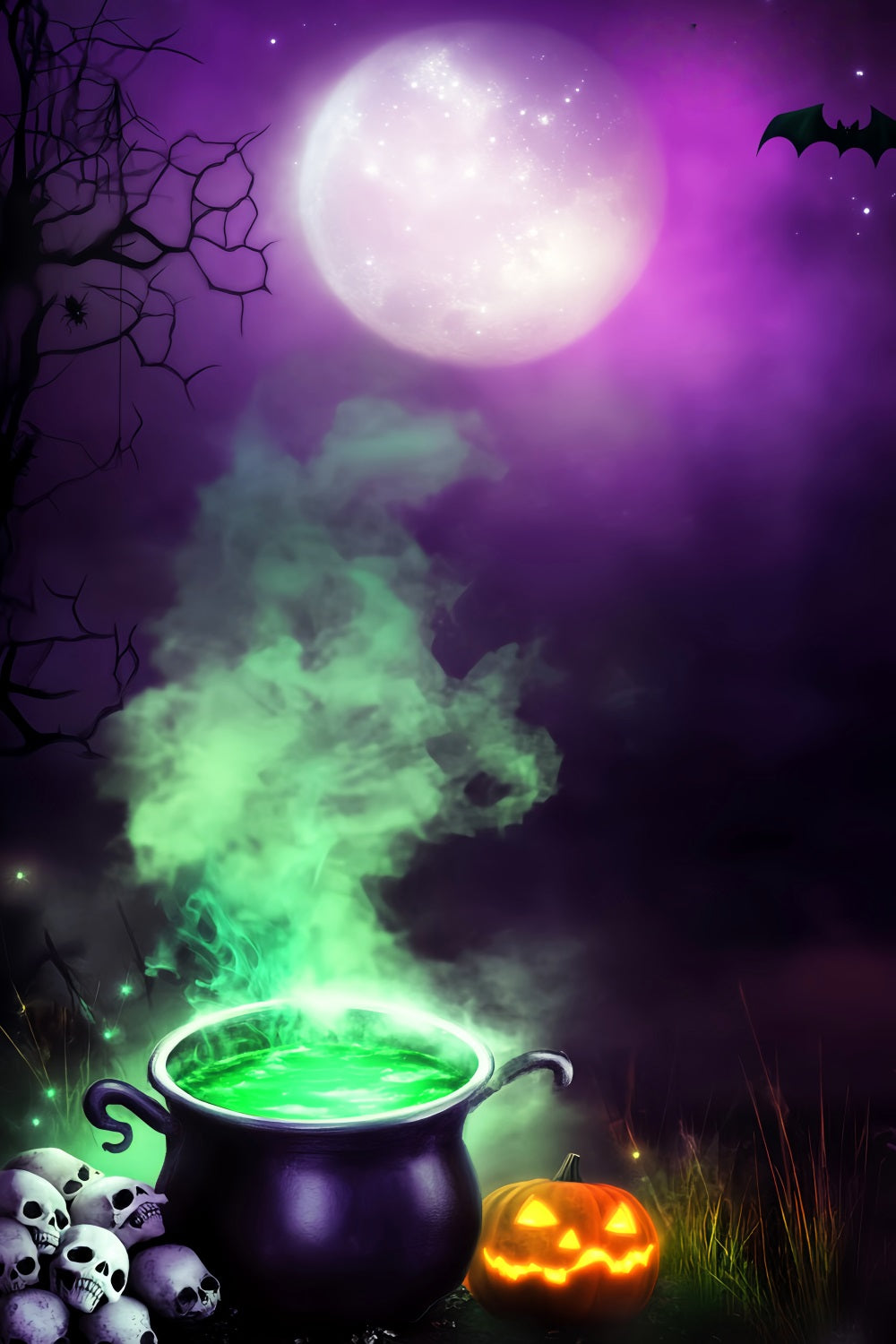 Spukwald Fotohintergrund Hexenkessel Grün Rauch Mond Halloween Fotohintergrundideen LXX59-132