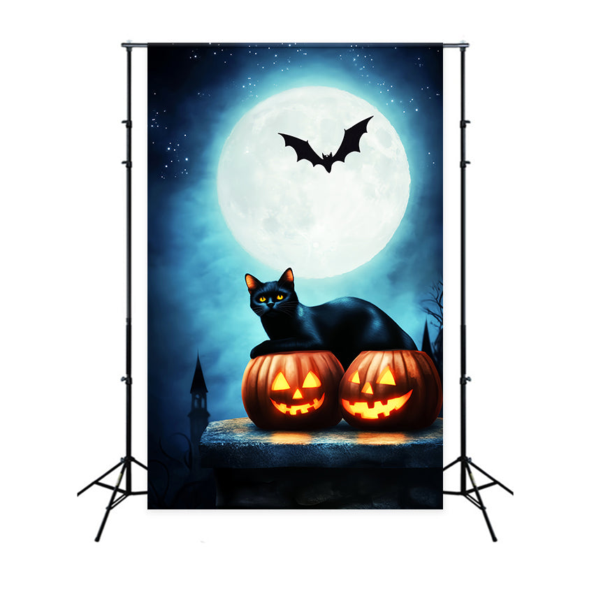 Spukwald Fotohintergrund schwarzer Katze Kürbissen Vollmond Halloween-Mond Fotohintergrund LXX59-134