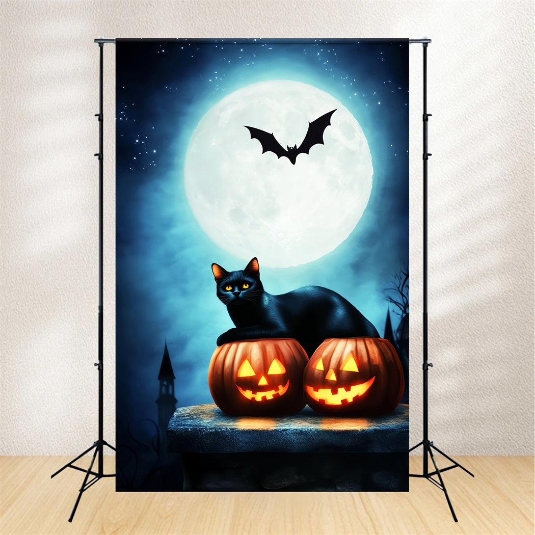 Spukwald Fotohintergrund schwarzer Katze Kürbissen Vollmond Halloween-Mond Fotohintergrund LXX59-134