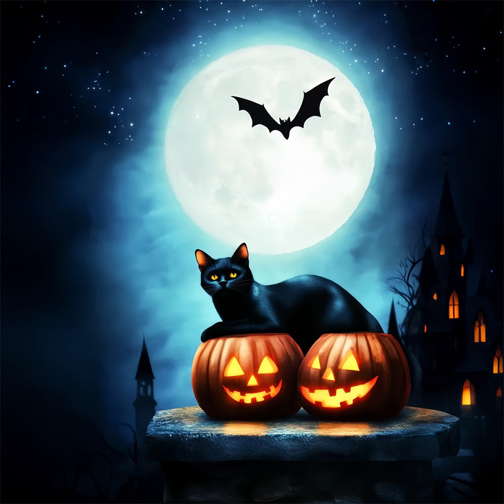 Spukwald Fotohintergrund schwarzer Katze Kürbissen Vollmond Halloween-Mond Fotohintergrund LXX59-134