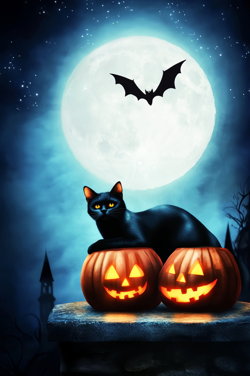 Spukwald Fotohintergrund schwarzer Katze Kürbissen Vollmond Halloween-Mond Fotohintergrund LXX59-134