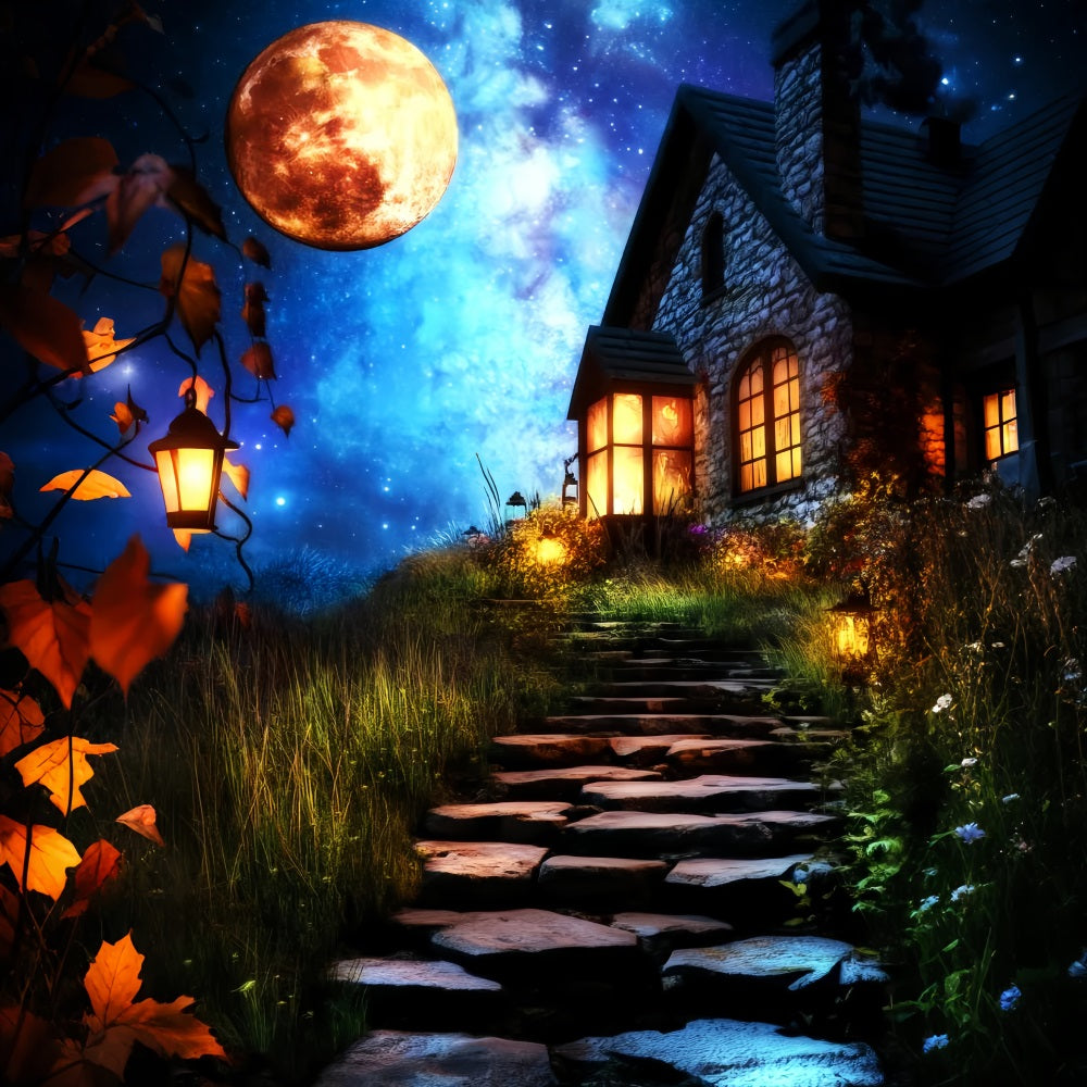 Spukwald Fotohintergrund Laternenweg Verzaubertes Häuschen Halloween Fotohintergrund LXX59-135