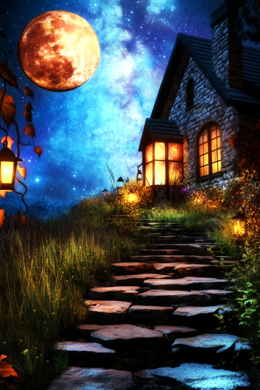 Spukwald Fotohintergrund Laternenweg Verzaubertes Häuschen Halloween Fotohintergrund LXX59-135