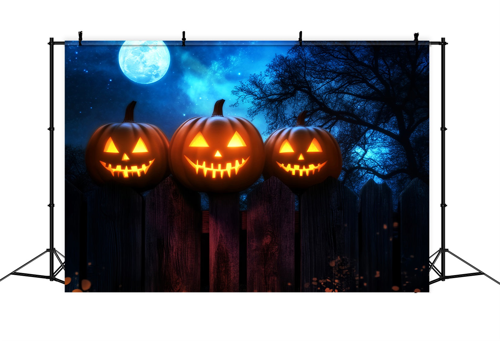 Spukwald Fotohintergrund Leuchtende Kürbisse Zaun Mondlicht Halloween Fotohintergrund LXX59-136