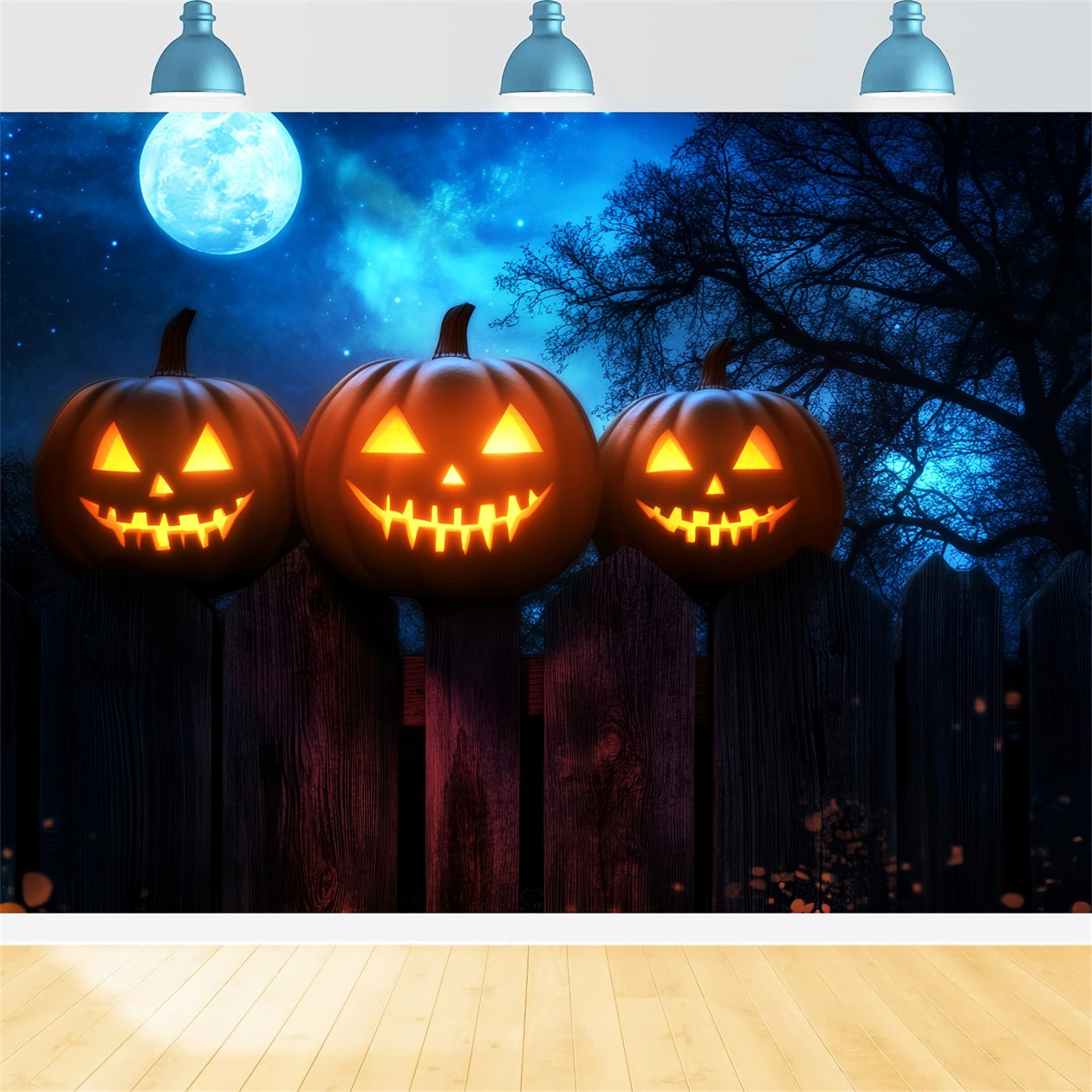 Spukwald Fotohintergrund Leuchtende Kürbisse Zaun Mondlicht Halloween Fotohintergrund LXX59-136
