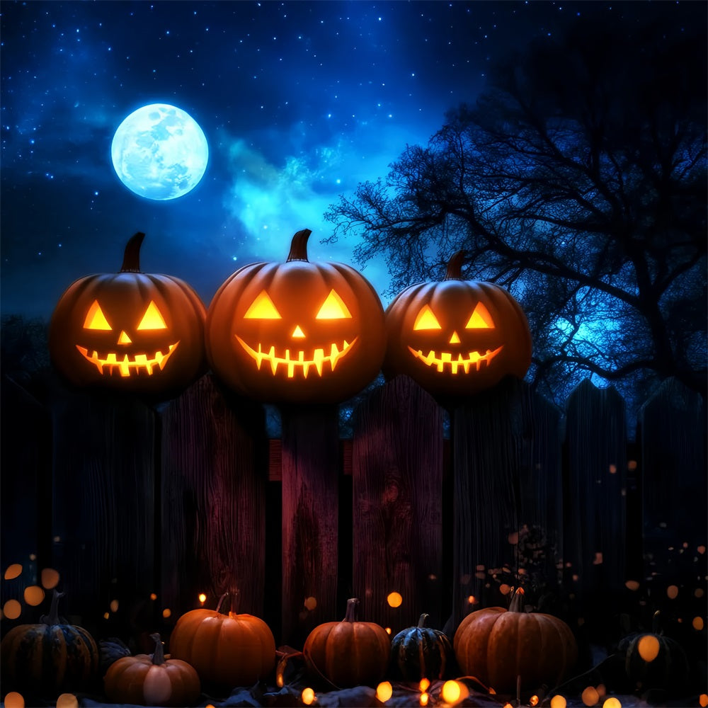 Spukwald Fotohintergrund Leuchtende Kürbisse Zaun Mondlicht Halloween Fotohintergrund LXX59-136