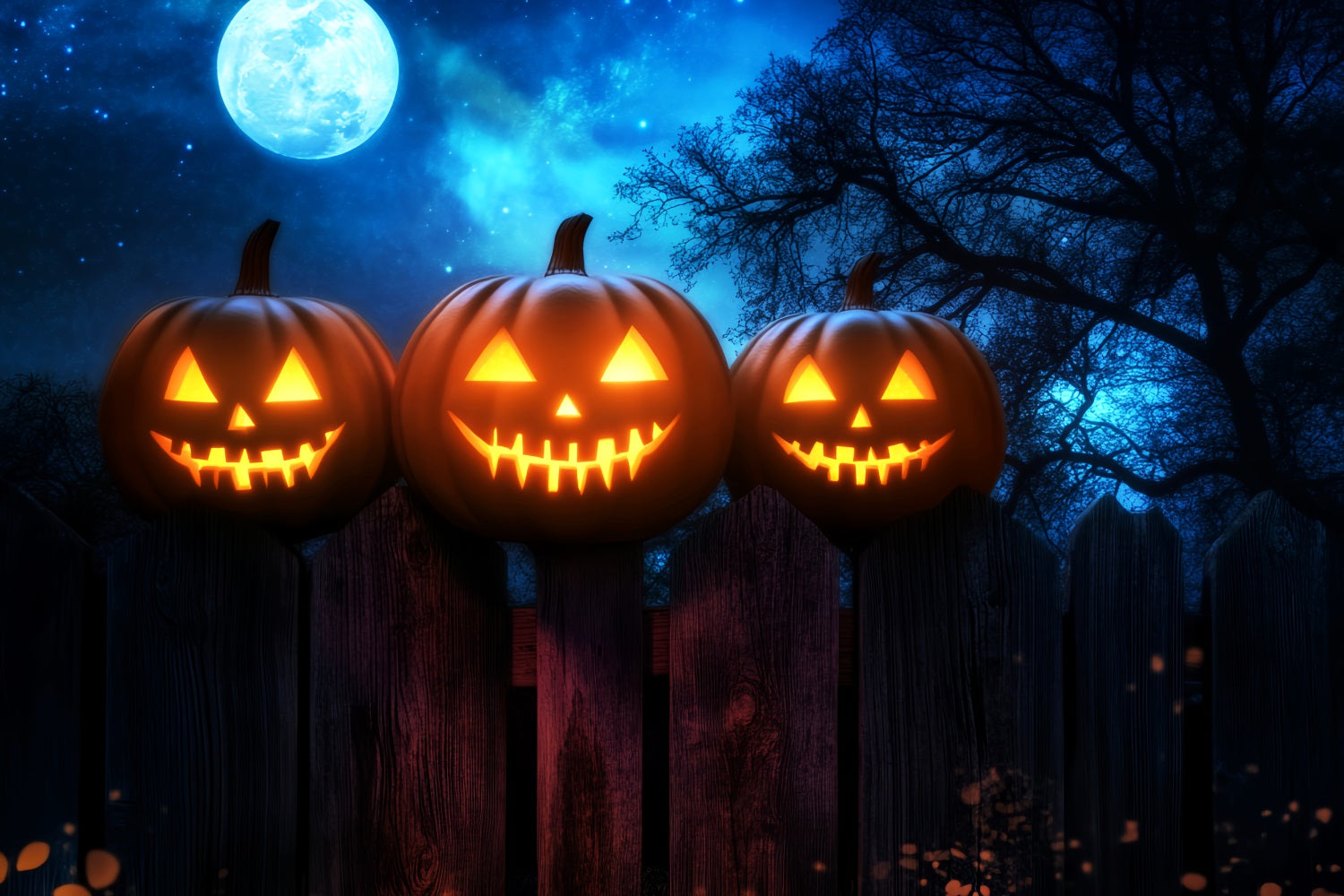 Spukwald Fotohintergrund Leuchtende Kürbisse Zaun Mondlicht Halloween Fotohintergrund LXX59-136