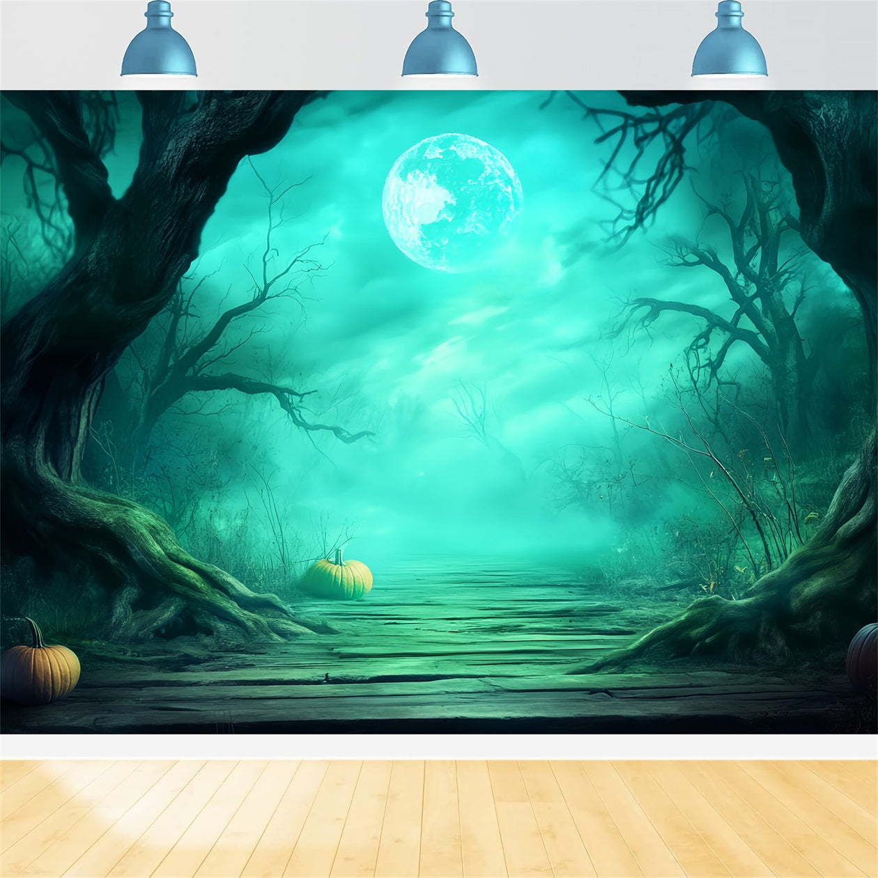 Geisterwald Fotohintergrund Nebelverhangener Waldweg Kürbisse Halloween-Fotohintergrund-Ideen LXX59-137