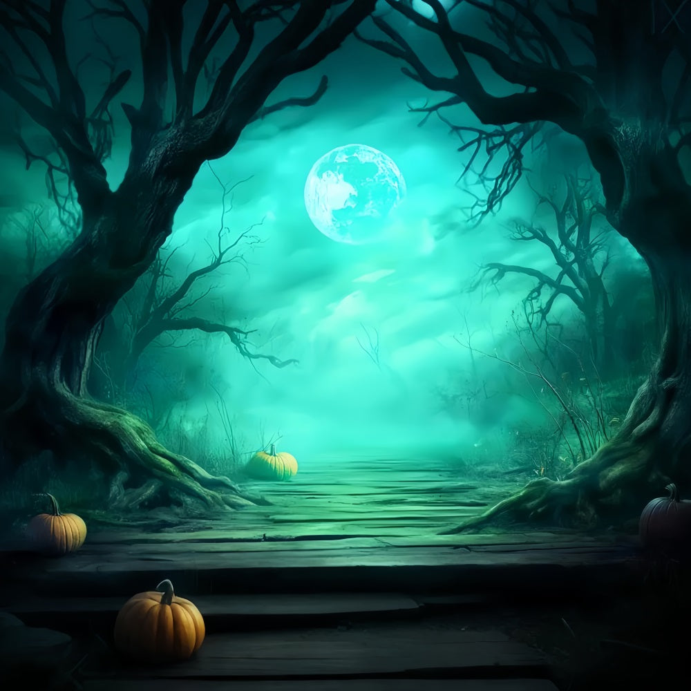 Geisterwald Fotohintergrund Nebelverhangener Waldweg Kürbisse Halloween-Fotohintergrund-Ideen LXX59-137