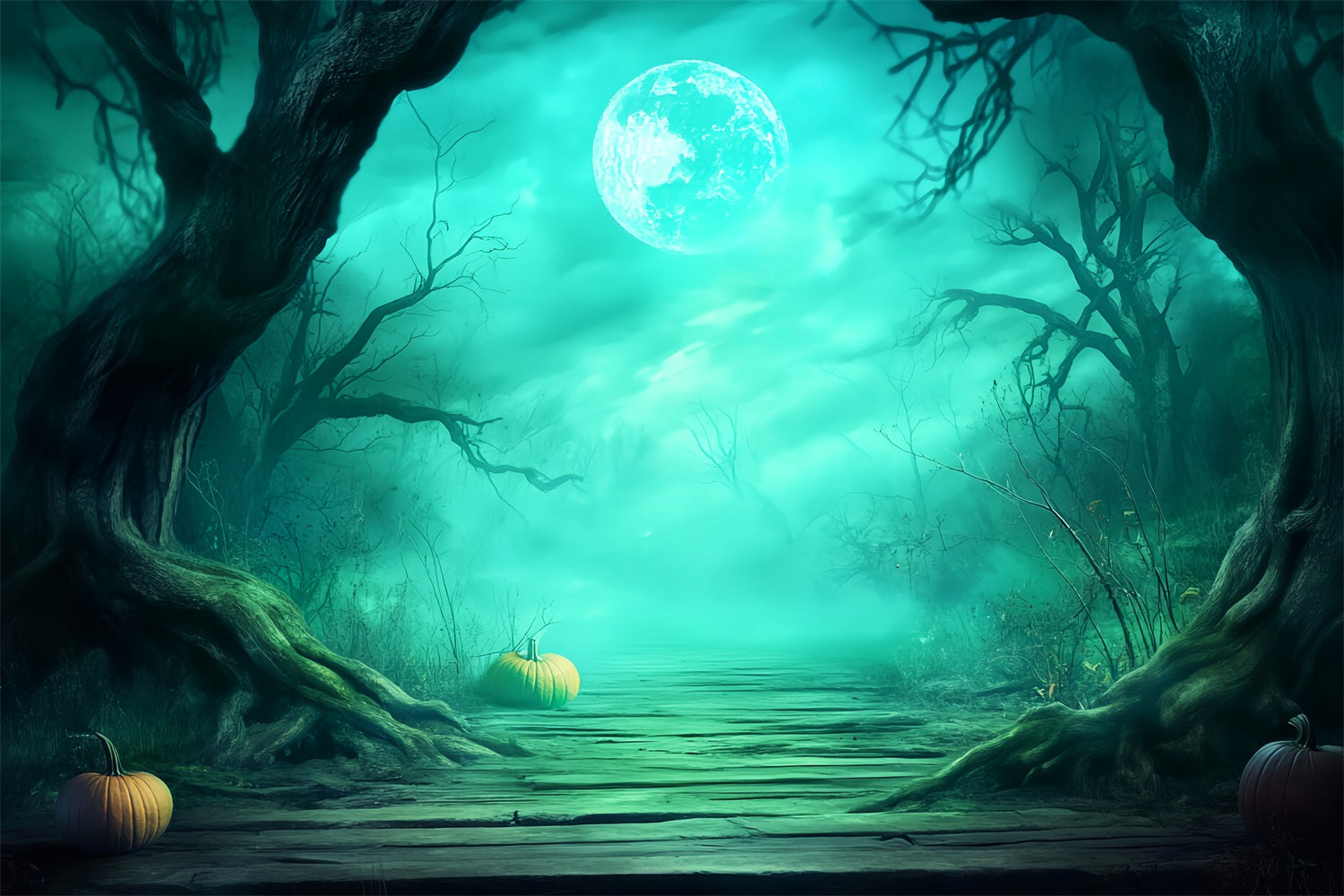 Geisterwald Fotohintergrund Nebelverhangener Waldweg Kürbisse Halloween-Fotohintergrund-Ideen LXX59-137