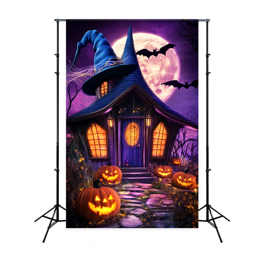 Geisterwald Fotohintergrund Hexenhut-Hütte Kürbislaternen Halloween-Mond Fotohintergrund LXX59-138