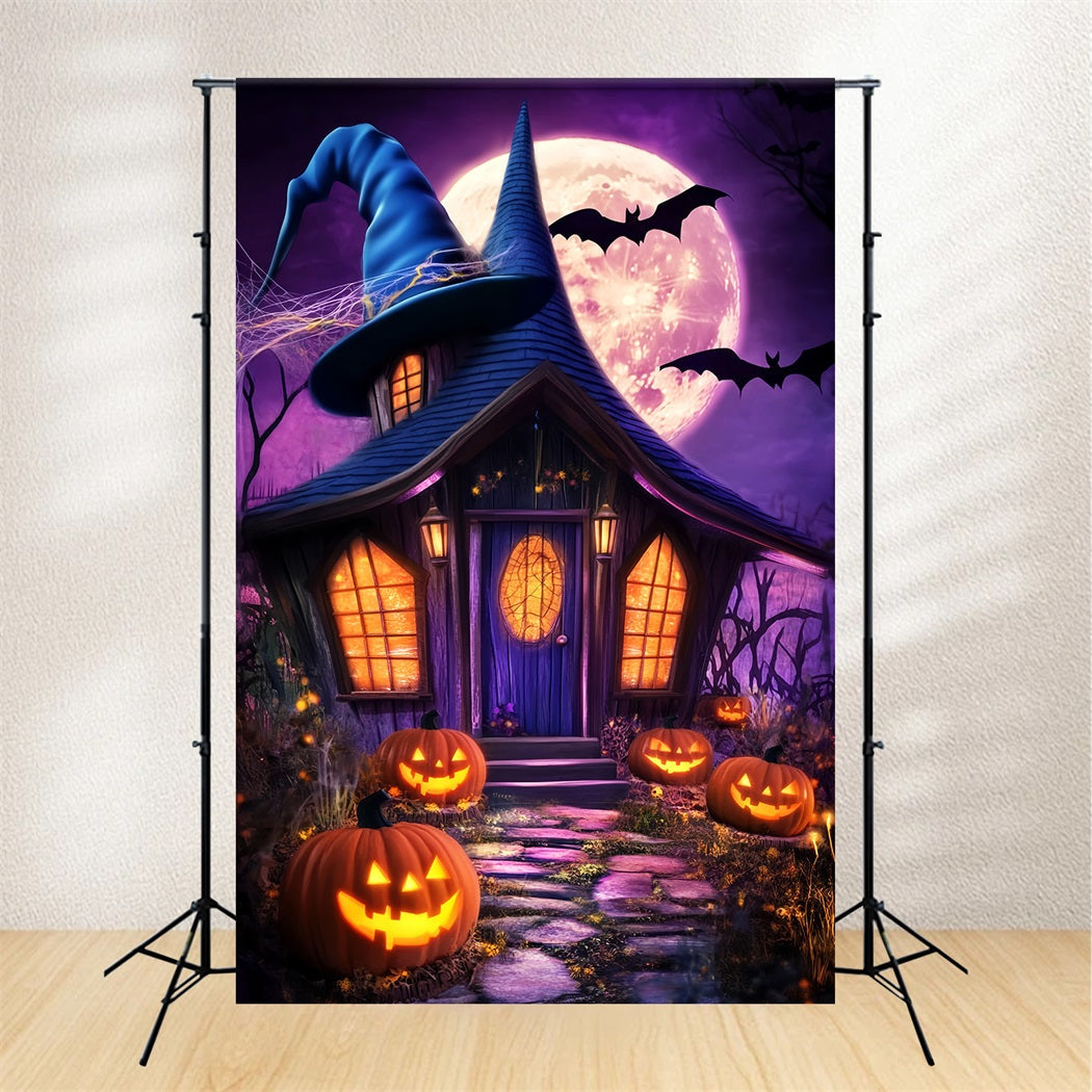 Geisterwald Fotohintergrund Hexenhut-Hütte Kürbislaternen Halloween-Mond Fotohintergrund LXX59-138