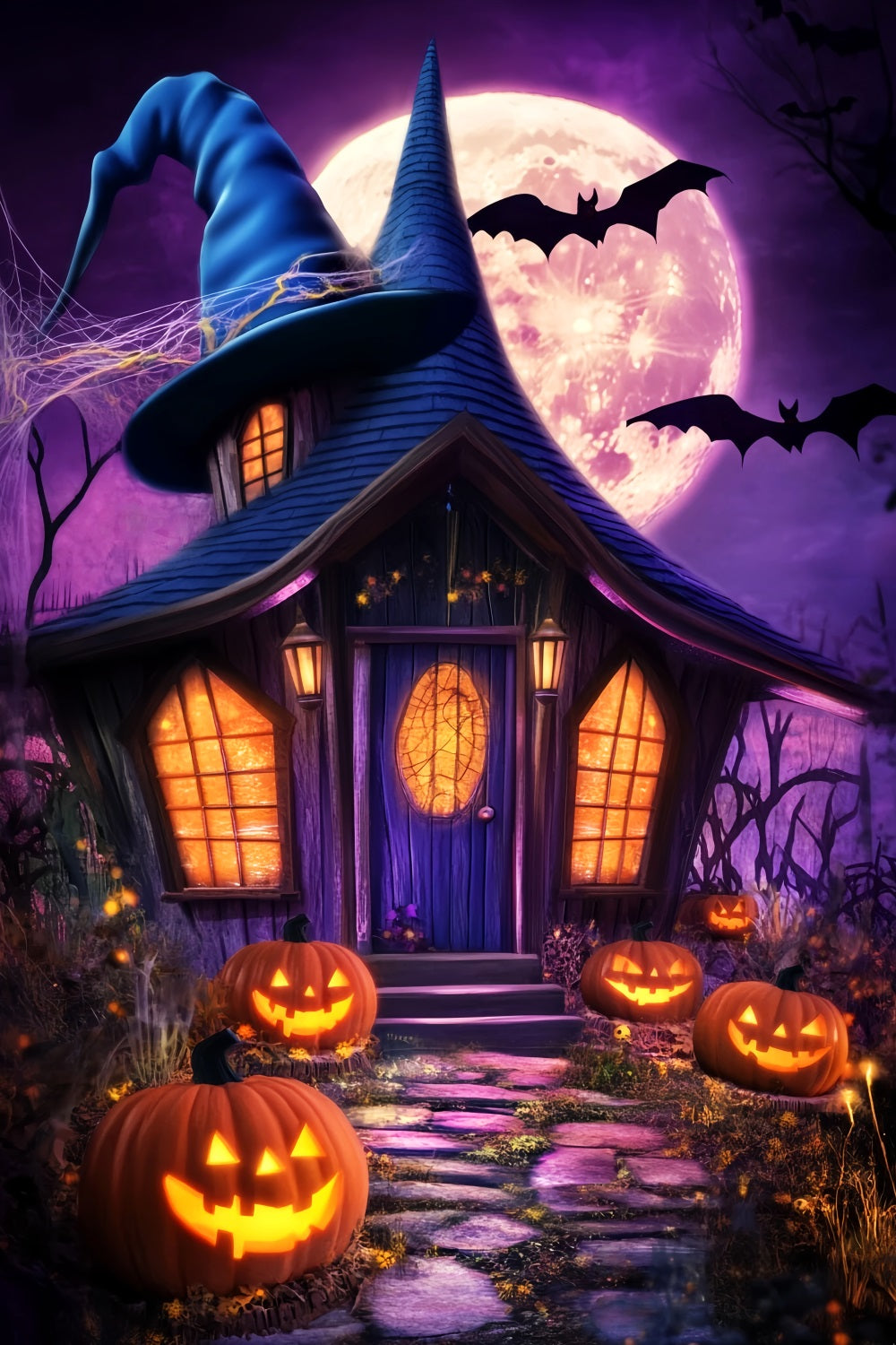 Geisterwald Fotohintergrund Hexenhut-Hütte Kürbislaternen Halloween-Mond Fotohintergrund LXX59-138