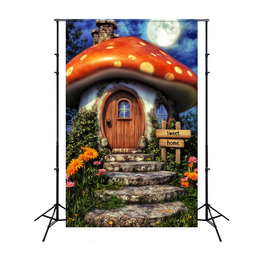 Geisterwald Fotohintergrund Skurriles Pilzhaus Mond Halloween Fotohintergrund LXX59-139