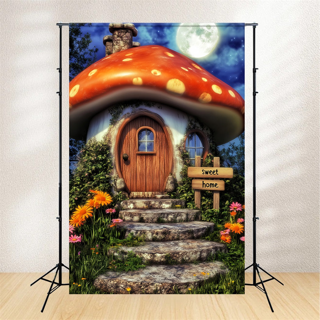 Geisterwald Fotohintergrund Skurriles Pilzhaus Mond Halloween Fotohintergrund LXX59-139