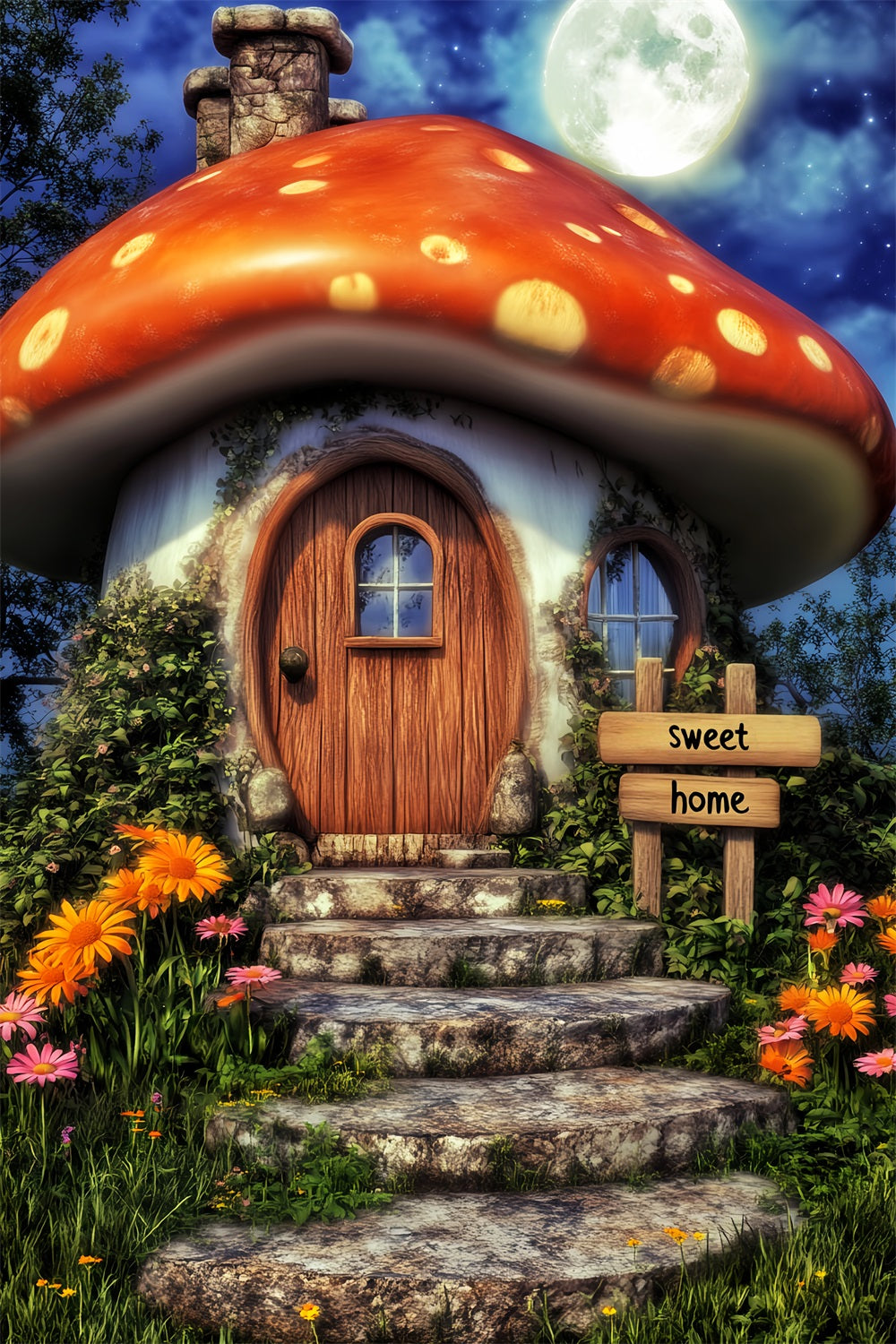 Geisterwald Fotohintergrund Skurriles Pilzhaus Mond Halloween Fotohintergrund LXX59-139