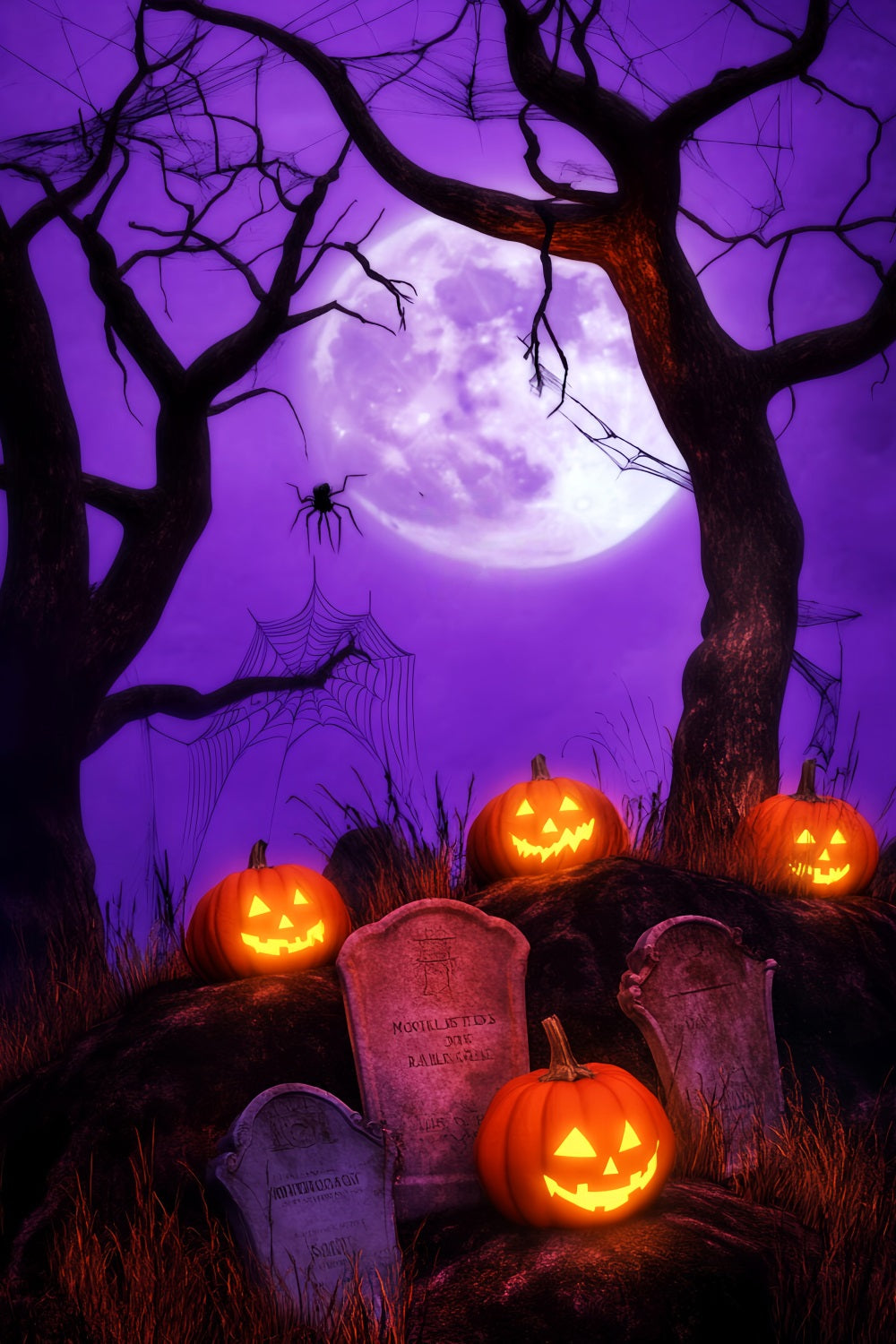 Spukwald Fotohintergrund Kürbislaternen Friedhof Mond Halloween-Hintergründe LXX59-140