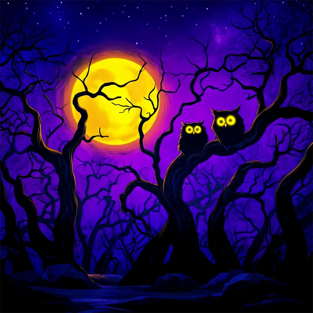 Halloween-Farben Fotohintergrund Helle Mondlicht-Eulen Äste Halloween-Mond Fotohintergrund LXX59-145