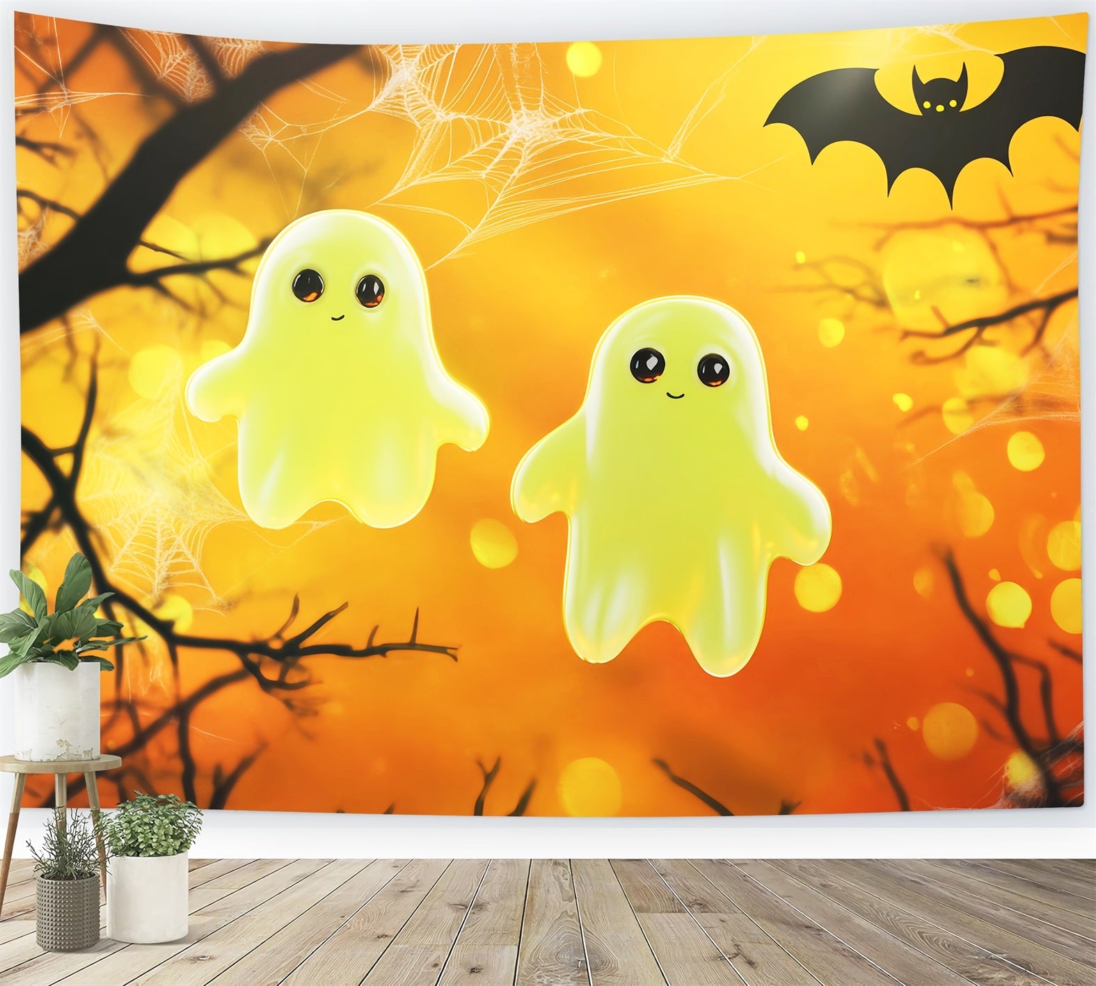 Halloween-Farbbackdrop mit niedlichen leuchtenden Geistern Illustration Halloween-Fotobackdrops LXX59-150