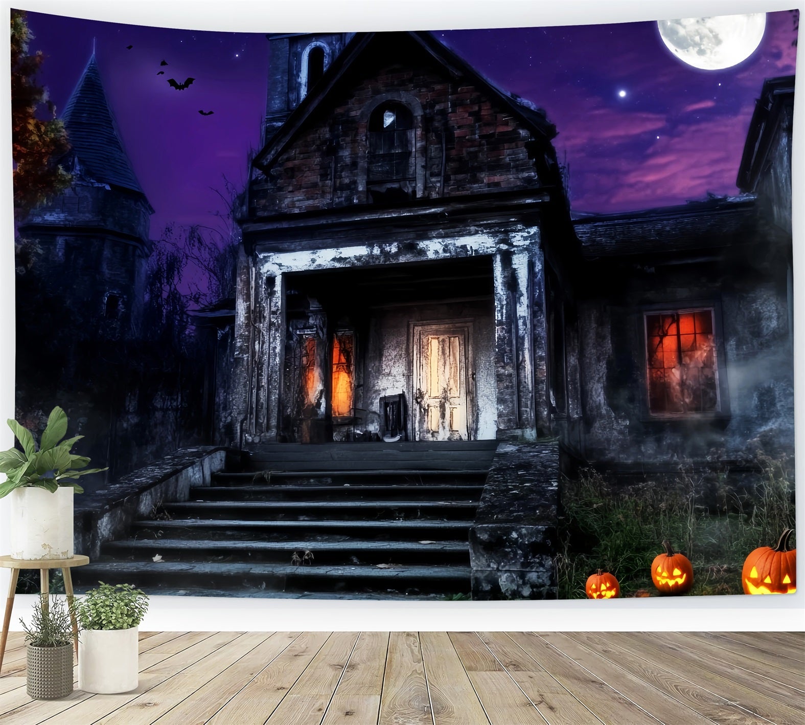 Friedhofs Fotohintergrund Spukhaus Lila Himmel Halloween-Fotohintergrund LXX59-157