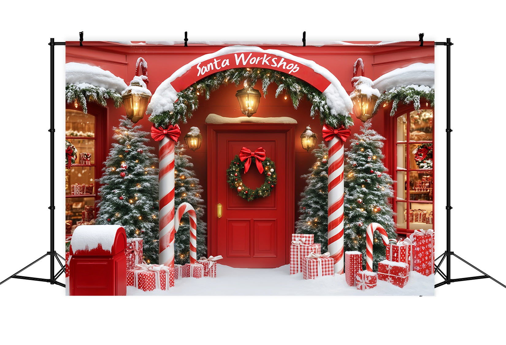 Weihnachtsmann-Werkstatt-Fotohintergrund Weihnachtsladen-Bogen Eingang Roter Weihnachtshintergrund LXX59-161