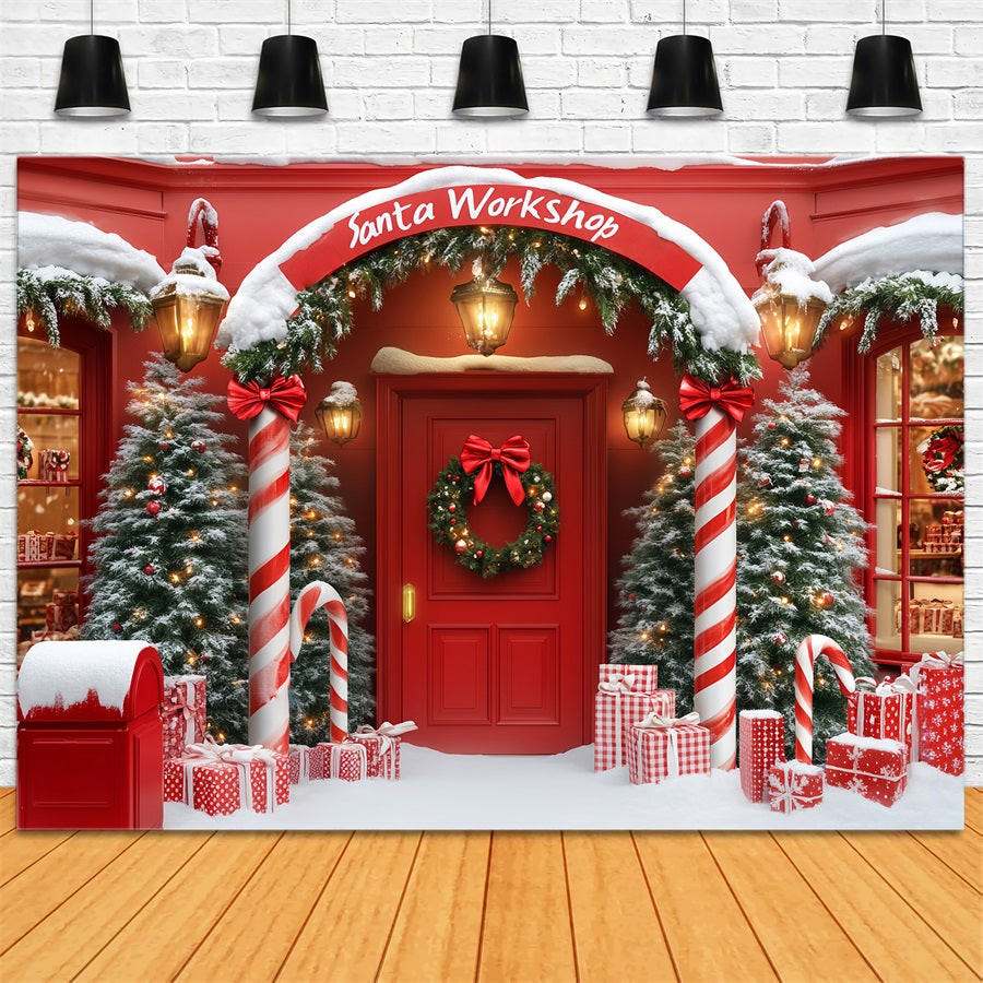 Weihnachtsmann-Werkstatt-Fotohintergrund Weihnachtsladen-Bogen Eingang Roter Weihnachtshintergrund LXX59-161