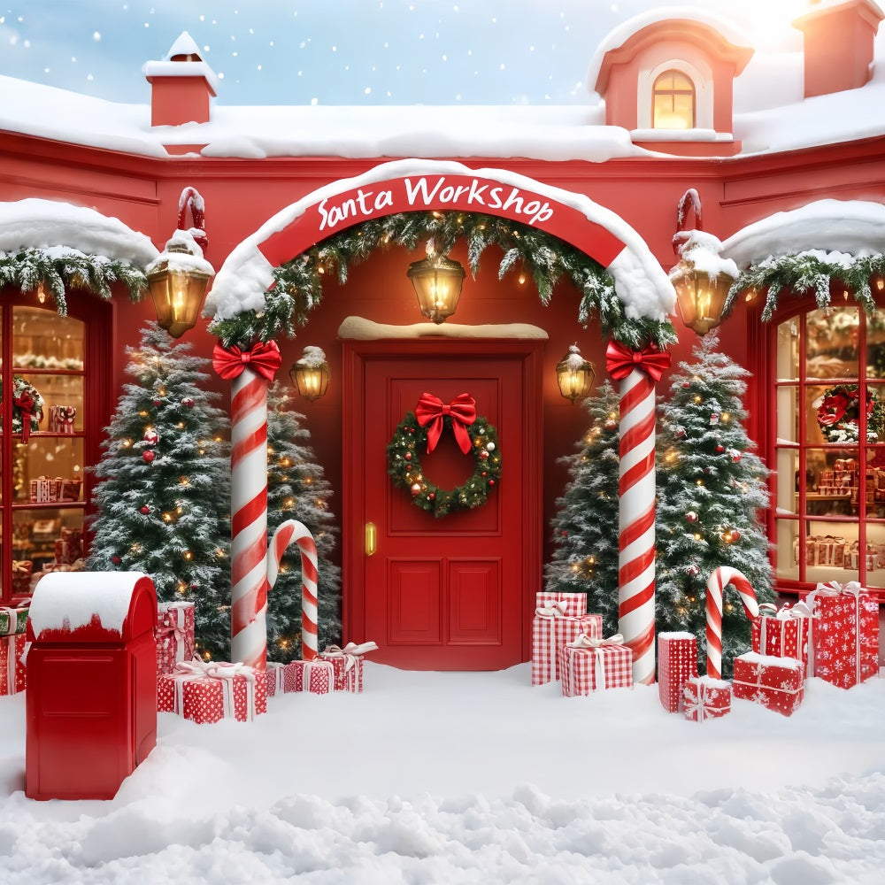Weihnachtsmann-Werkstatt-Fotohintergrund Weihnachtsladen-Bogen Eingang Roter Weihnachtshintergrund LXX59-161