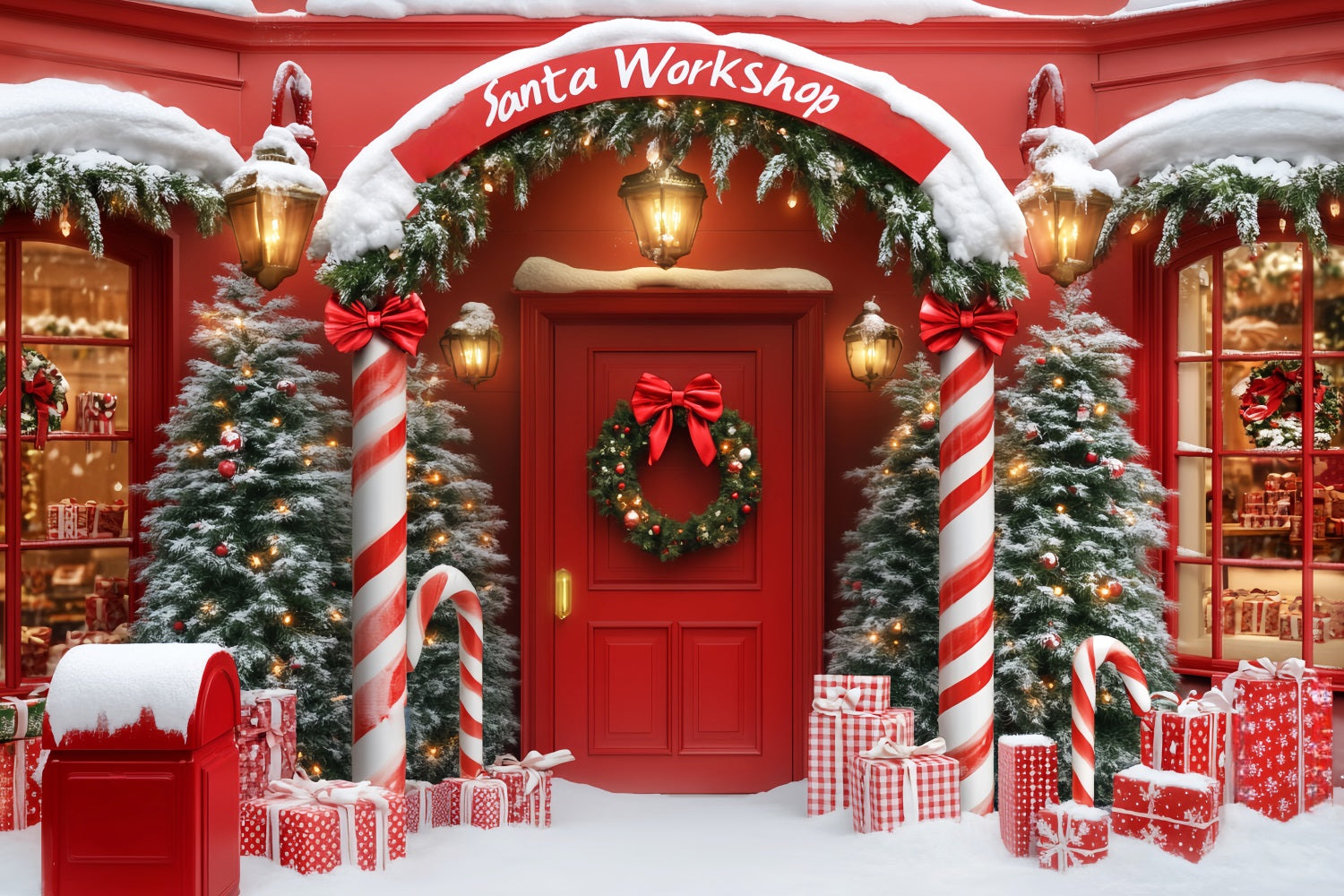 Weihnachtsmann-Werkstatt-Fotohintergrund Weihnachtsladen-Bogen Eingang Roter Weihnachtshintergrund LXX59-161