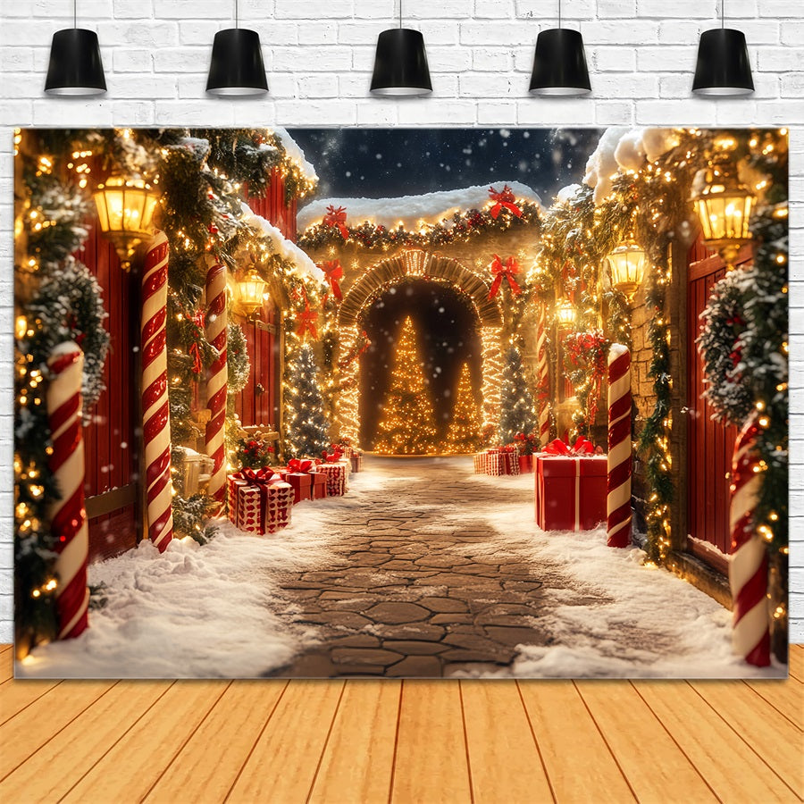 Candyland-Fotohintergrund Zuckerstangen-Dorf Wegbeleuchtung Weihnachtshintergründe Sale LXX59-167