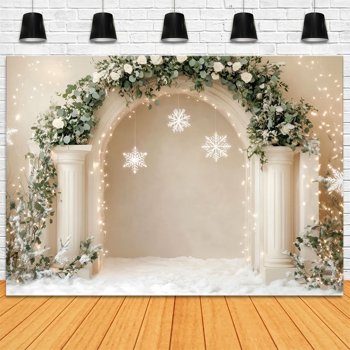 Weißer Weihnachtshintergrund Eleganter Bogen Schneeflocken Dekor Weihnachtswandhintergrund LXX59-168