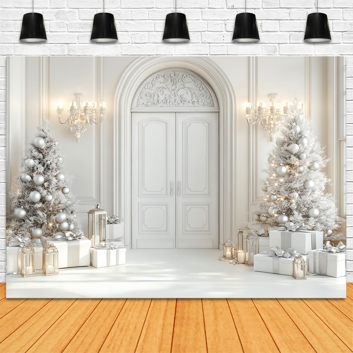 Weißer Weihnachtshintergrund Elegante Tür Weihnachtsbäume Weißer Weihnachtshintergrund LXX59-169