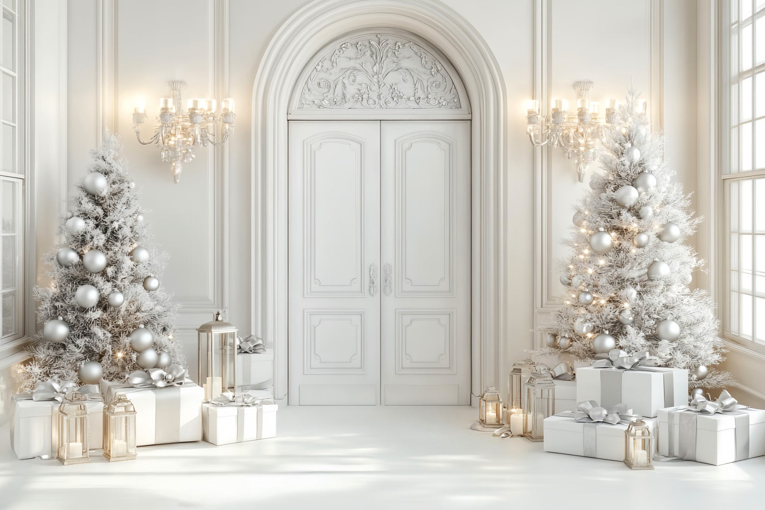 Weißer Weihnachtshintergrund Elegante Tür Weihnachtsbäume Weißer Weihnachtshintergrund LXX59-169