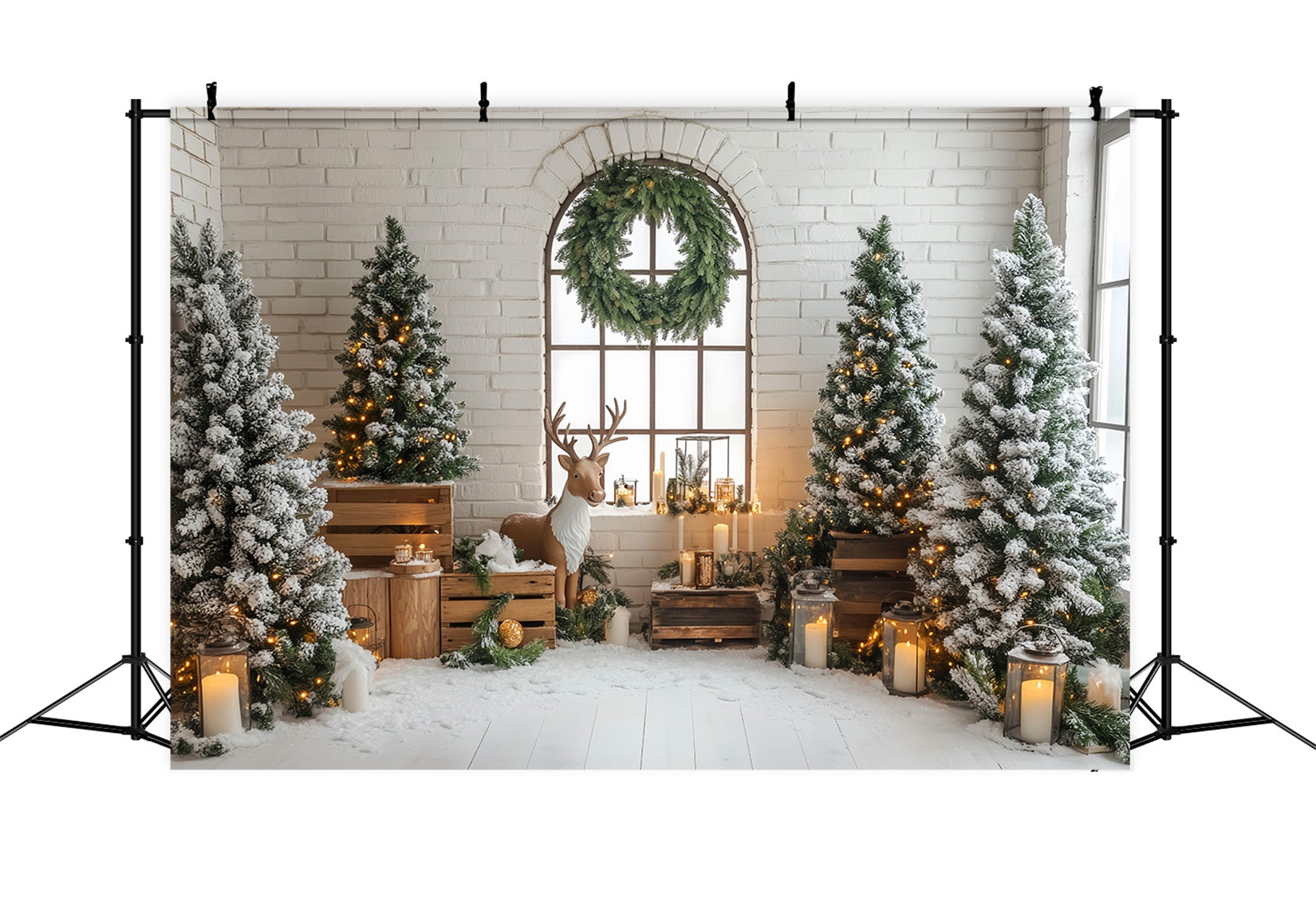 Weihnachtsbaumhintergrund Rustikale Rentiere Verschneite Kiefern Laternen Weihnachtshintergrund LXX59-170