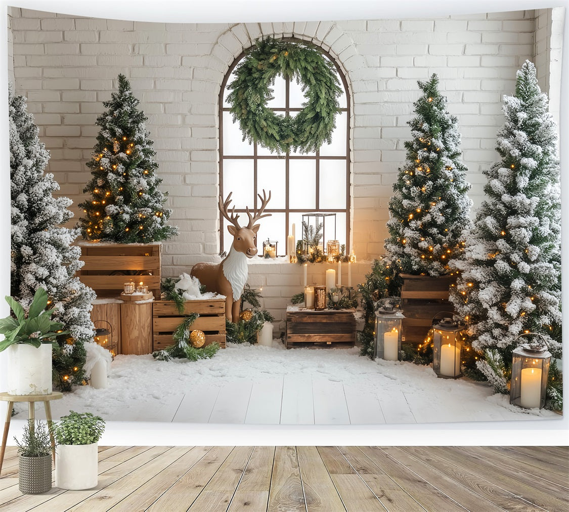 Weihnachtsbaumhintergrund Rustikale Rentiere Verschneite Kiefern Laternen Weihnachtshintergrund LXX59-170