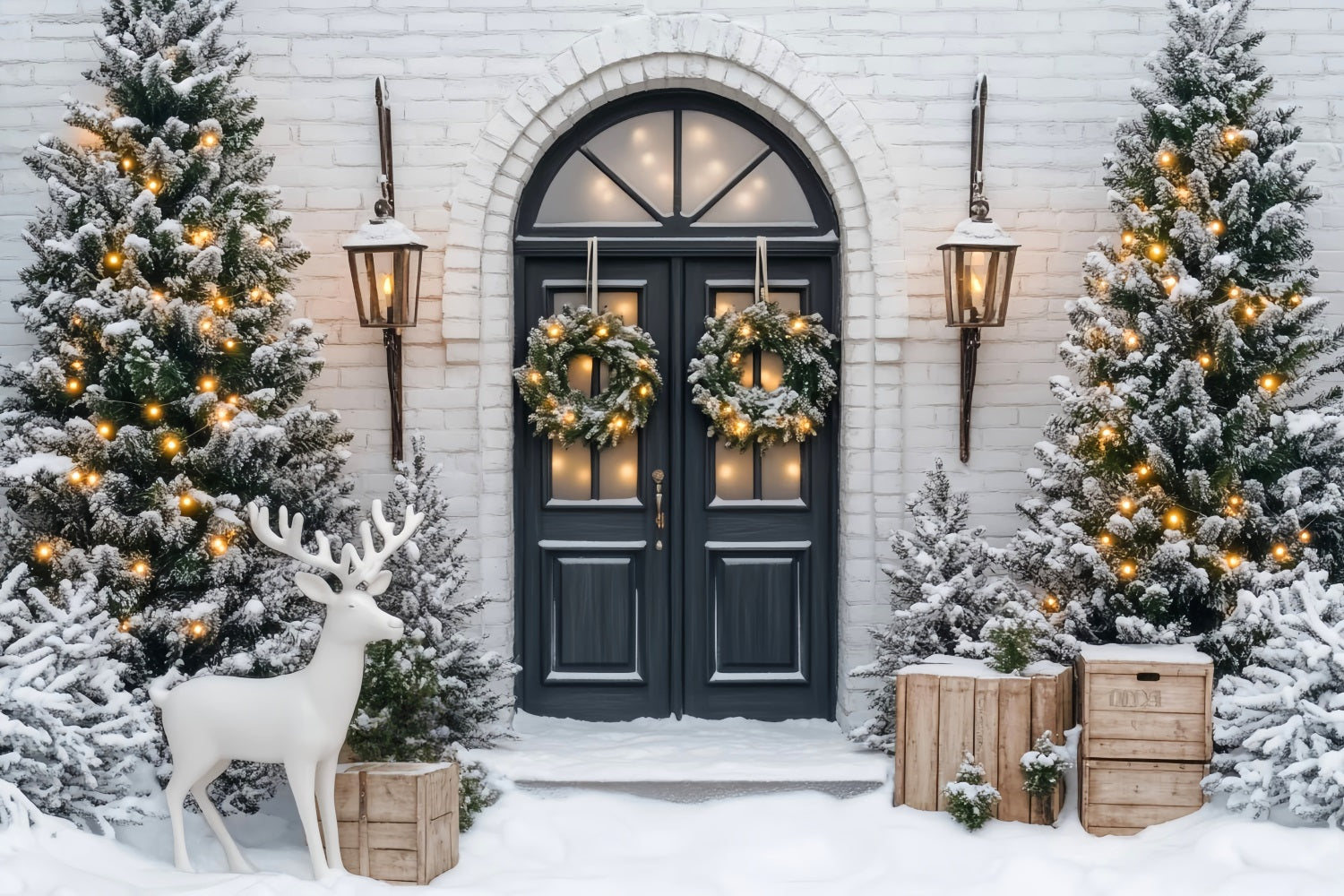 Weihnachtsbaum-Fotohintergrund Frostige Kiefern Winterkranz Tür Weihnachtshintergründe LXX59-171