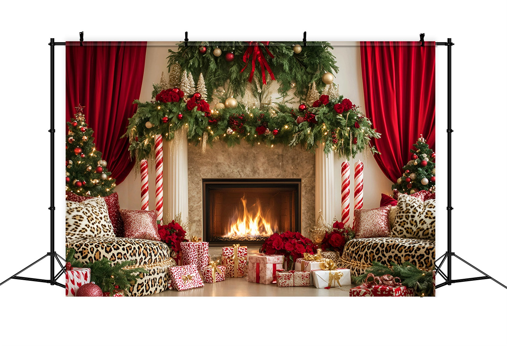 Weihnachtskamin-Fotohintergrund Eleganter roter Vorhang Weihnachtshintergründe für Fotos LXX59-174