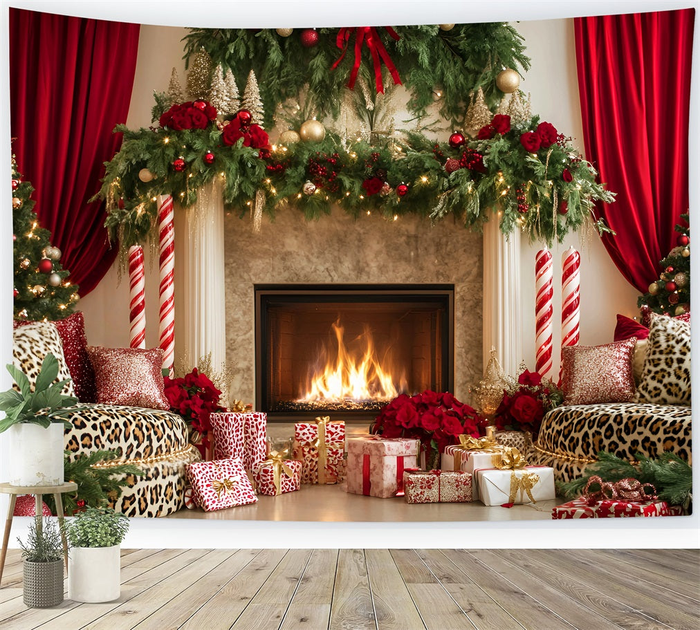 Weihnachtskamin-Fotohintergrund Eleganter roter Vorhang Weihnachtshintergründe für Fotos LXX59-174
