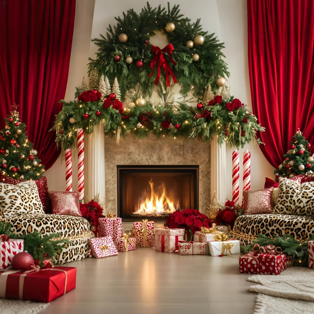 Weihnachtskamin-Fotohintergrund Eleganter roter Vorhang Weihnachtshintergründe für Fotos LXX59-174