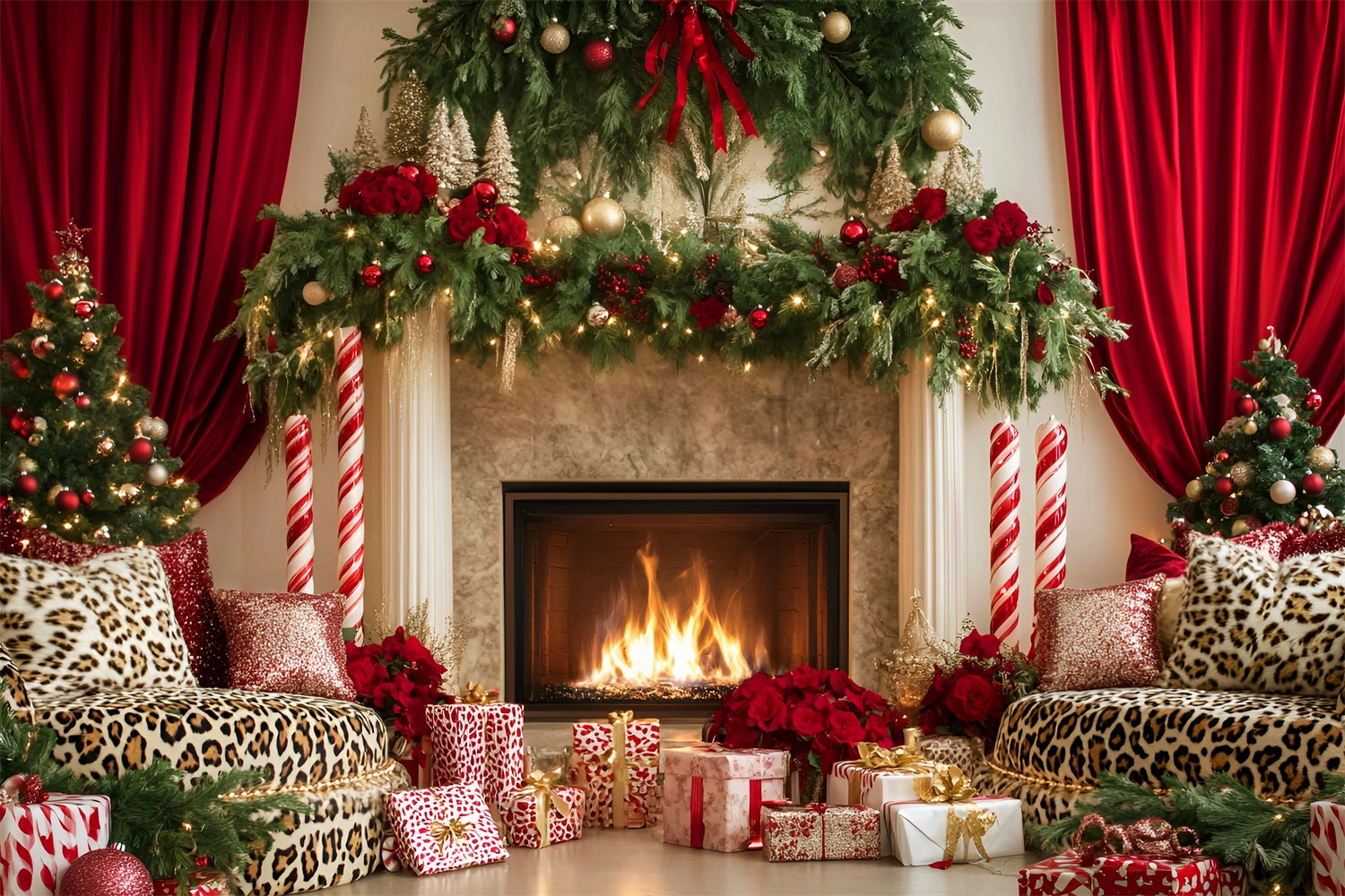 Weihnachtskamin-Fotohintergrund Eleganter roter Vorhang Weihnachtshintergründe für Fotos LXX59-174