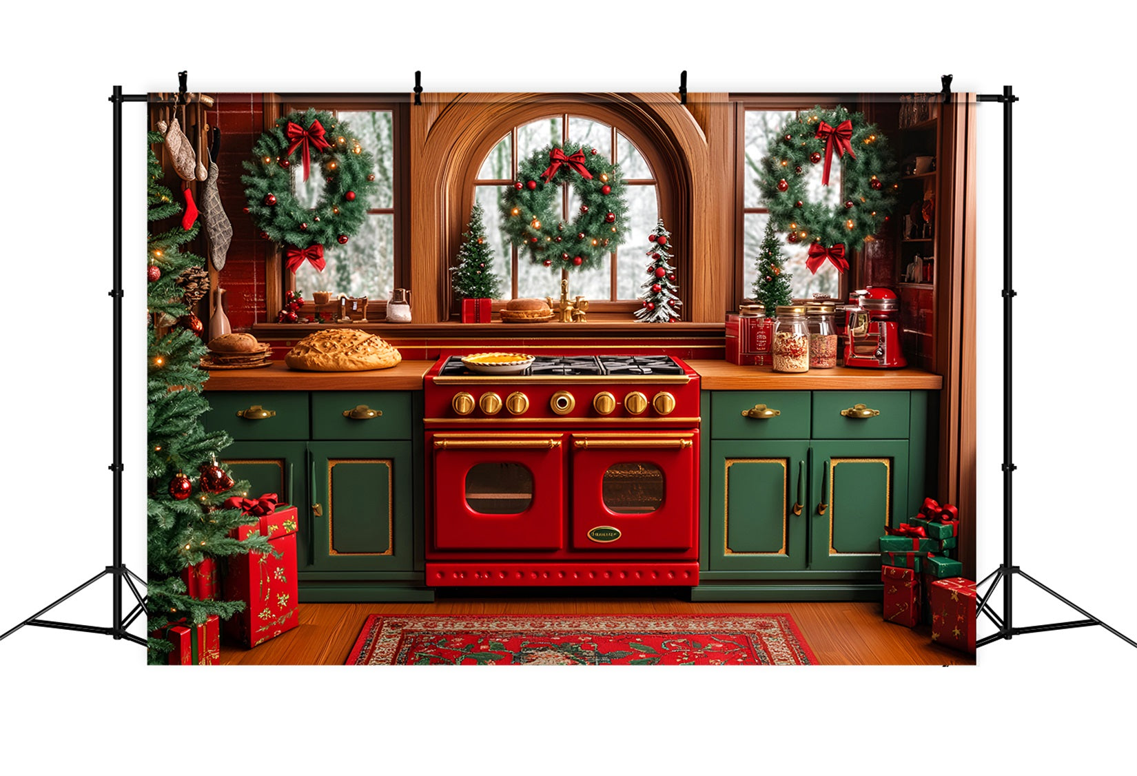 Weihnachtsküchen-Fotohintergrund Festliche Kränze Ofen Weihnachtsfoto-Hintergründe LXX59-175