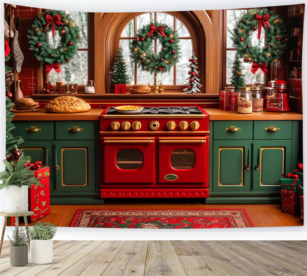 Weihnachtsküchen-Fotohintergrund Festliche Kränze Ofen Weihnachtsfoto-Hintergründe LXX59-175