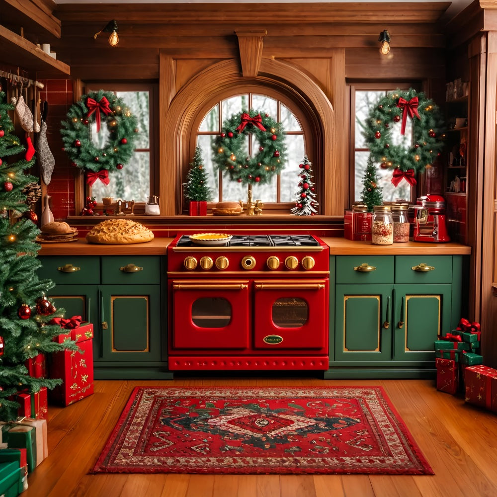 Weihnachtsküchen-Fotohintergrund Festliche Kränze Ofen Weihnachtsfoto-Hintergründe LXX59-175