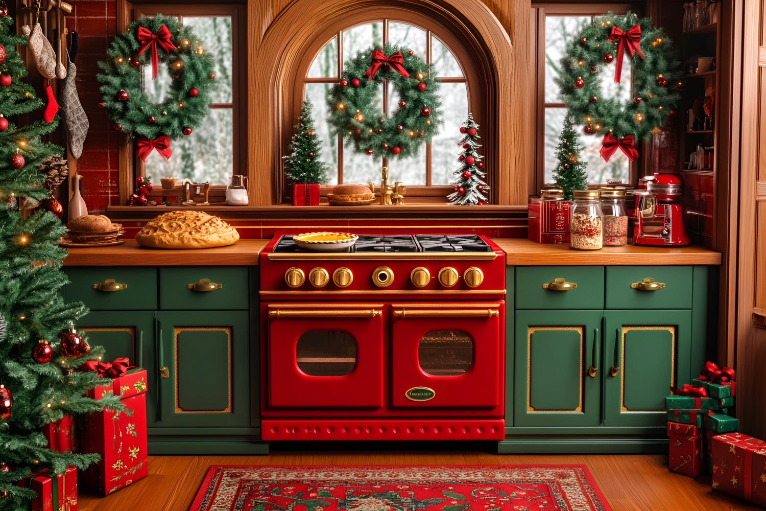 Weihnachtsküchen-Fotohintergrund Festliche Kränze Ofen Weihnachtsfoto-Hintergründe LXX59-175