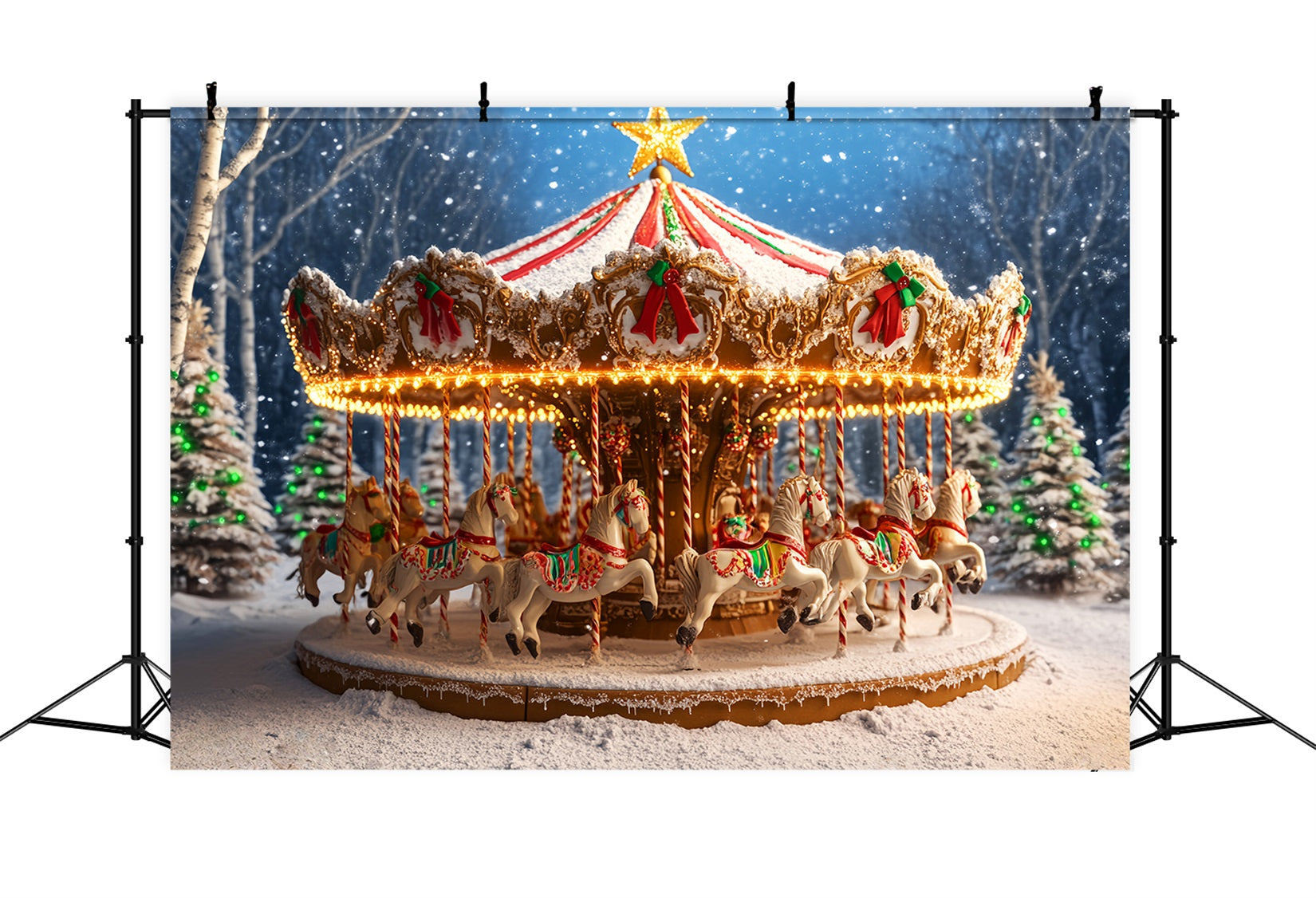 Lebkuchen-Fotohintergrund Verschneites Karussell Pferdeausritt Weihnachtsfotografie-Hintergründe LXX59-177
