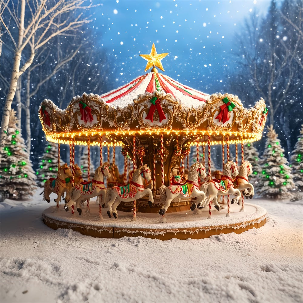 Lebkuchen-Fotohintergrund Verschneites Karussell Pferdeausritt Weihnachtsfotografie-Hintergründe LXX59-177