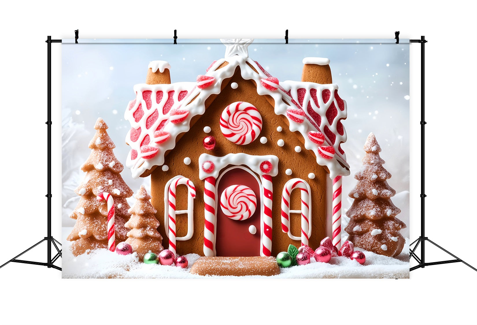Lebkuchenhaus-Fotohintergrund Schnee-Bonbons Pfefferminz Weihnachts-Fotohintergrundideen LXX59-178