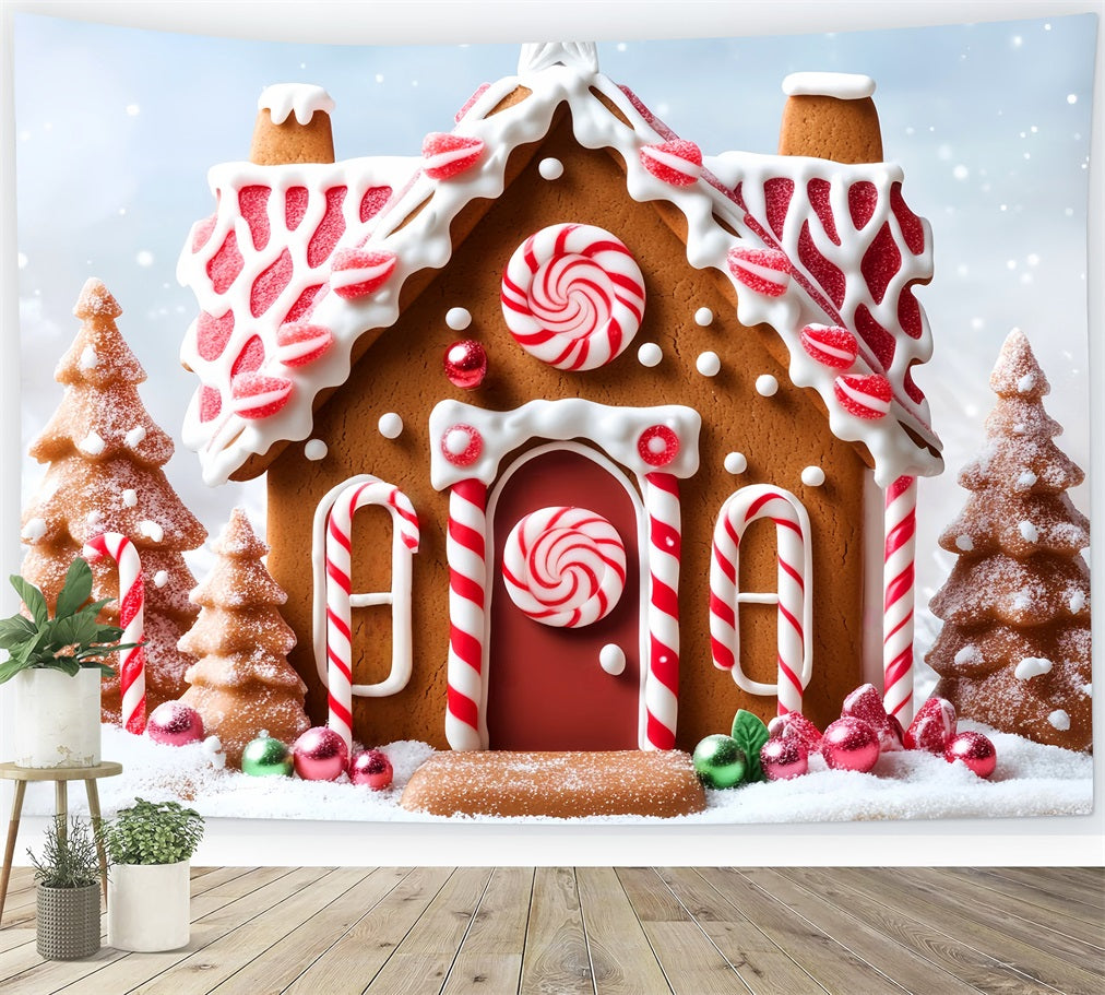 Lebkuchenhaus-Fotohintergrund Schnee-Bonbons Pfefferminz Weihnachts-Fotohintergrundideen LXX59-178